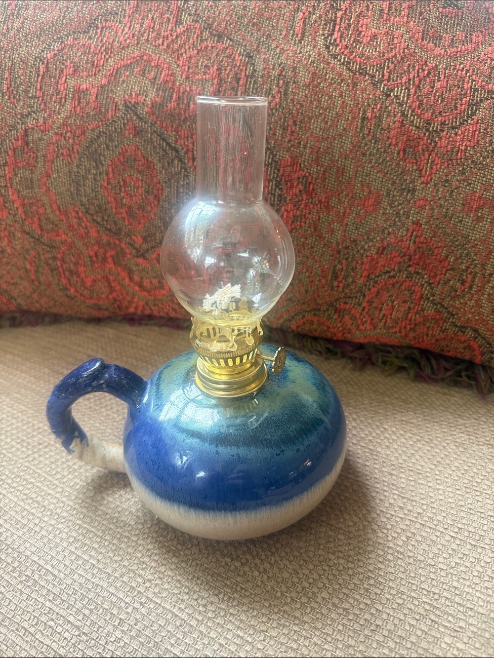 Cave House Crafts Ceramic Oil Lamp in Blue and Cream